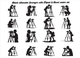 Black Silhouette of Land Surveyor Adjusting Tripod-Mounted Optical Level