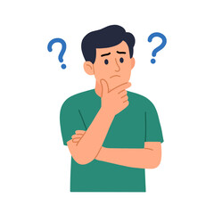 Flat Illustration of Pensive Young Man with Question Mark Symbol Character