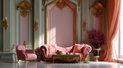 Luxurious rococo style living room with ornate furniture and elegant golden accents