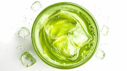 Cold matcha green tea with ice cubes in glass