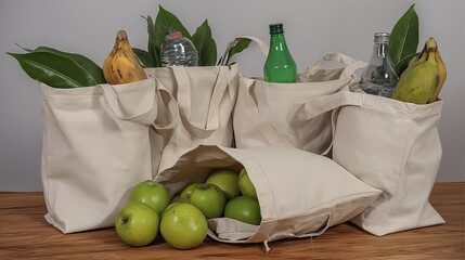 Reusable tote bags filled with groceries on wood