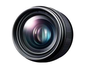 Detailed Closeup of a Black Camera Lens with Silver Accents and Internal Reflections isolated on a transparent background