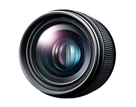 Detailed Closeup of a Black Camera Lens with Silver Accents and Internal Reflections isolated on a transparent background