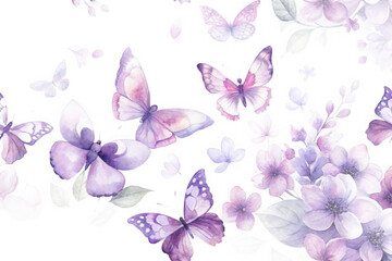 Watercolor butterflies and flowers in shades of purple and pink isolated on transparent background