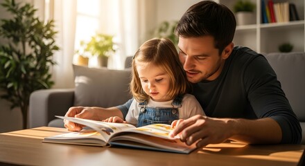 Obraz premium Father and daughter reading a book together on a coffee table in a bright, cozy living room.