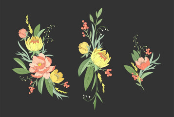 Botanic set of detailed various flowers and brunch. Luxury vintage floral collection for wedding invitation, wallpaper art or save the date card