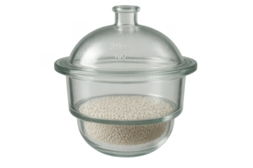 Glass desiccator with drying agent on transparent background, laboratory equipment