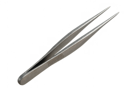 Precise steel tweezers isolated on transparent background, angled position