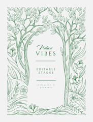 Detailed frame illustrated with landscape and floral elements. Luxury elegant brochure for wedding invitation, wallpaper art or save the date card. Editable stroke vector