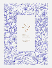 Detailed frame illustrated with landscape and floral elements. Luxury elegant brochure for wedding invitation, wallpaper art or save the date card. Editable stroke vector