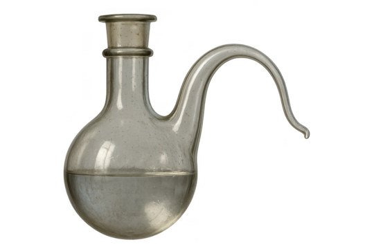 Distillation flask with liquid isolated on a transparent background, chemistry tool