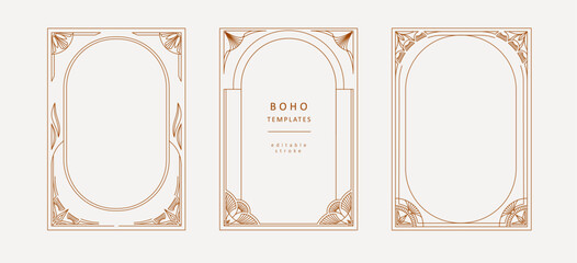 Frame or cover of boho geometric design elements. Simple corner, wreath and seamless borders for book covers print, social media and packaging or wedding greeting card. Vector illustration