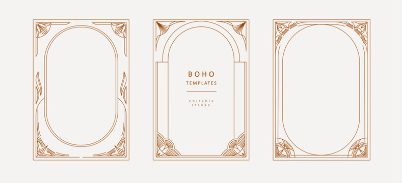 Frame or cover of boho geometric design elements. Simple corner, wreath and seamless borders for book covers print, social media and packaging or wedding greeting card. Vector illustration