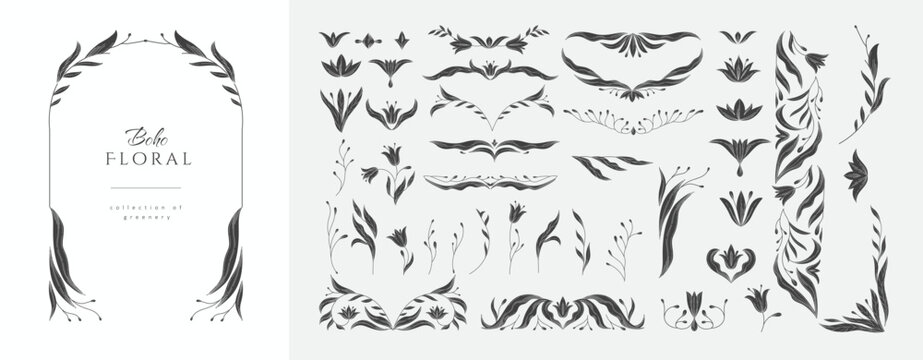 Set of retro floral design elements in silhouette or linocut style . Botanic frame, corner and borders in wavy and vintage style. Boho for print packaging or wedding greeting card