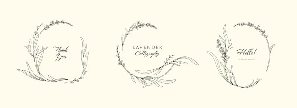 Set of lavender calligraphic wreath and design elements, floral and graceful branches. Wedding wildflowers for invitation save the date card. Botanical feminine rustic vector illustration - Powered by Adobe