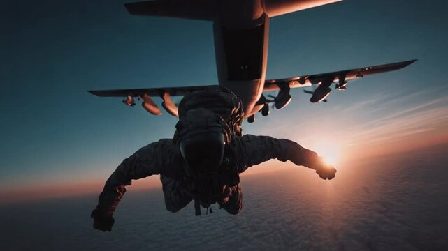 Sunset HALO Jump: A breathtaking view of a soldier deploying from a military aircraft during a high-altitude low-opening jump.
