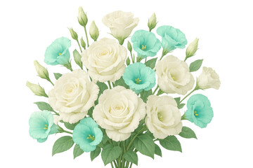 Obraz premium Delicate white roses mingling with turquoise lisianthus, creating sophisticated floral arrangement for wedding stationery and design projects