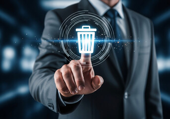 A Businessman Using a Digital Cleaning and Deletion System to Erase Data from a Virtual Interface