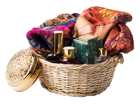Wicker Basket Gift Set with Perfume Bottles Gold Compact and Silk Scarf isolated on a transparent background - Powered by Adobe