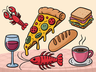 Delicious assortment of food and drinks pizza lobster