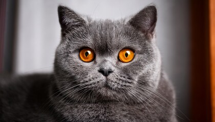 closeup of a british shorthair cat with stunning orange eyes