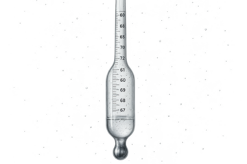 Glass hydrometer with liquid and condensation, isolated on transparent background