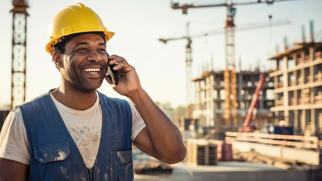 Smiling Construction Worker on Phone Call at Construction Site