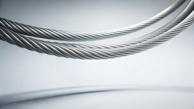 Close-up view of two metallic cables elegantly intertwined, showcasing the intricate details of their helical structure against a neutral backdrop