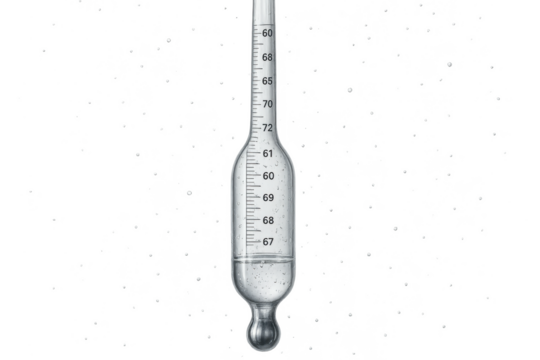 Glass hydrometer with liquid and condensation, isolated on transparent background