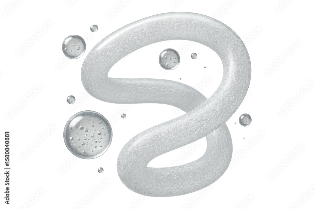 Poster white textured abstract twisted shape and clear bubbles on transparent background