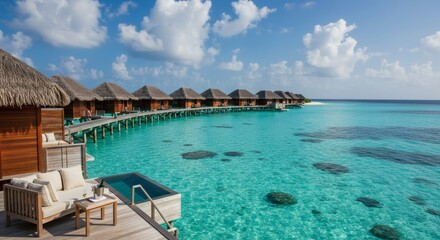 Obraz premium Tropical Bliss Overwater Bungalows and Azure Waters in Paradise 