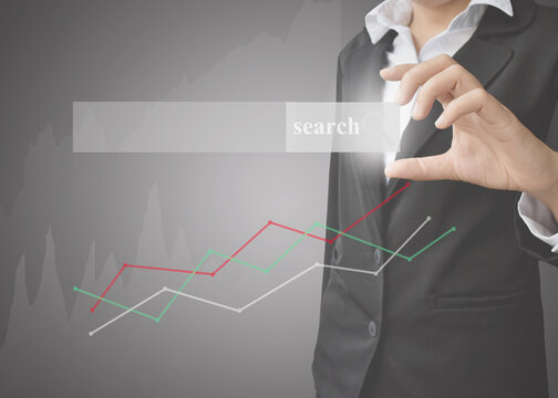 Businesswoman's hands searching for information growth graphs of financial indicator and accounting market economy analysis chart, business strategy concept.