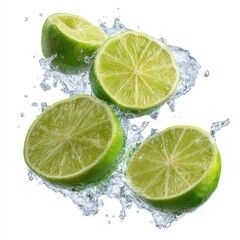 Fresh lime slices are splashing in clear water, isolated on white background