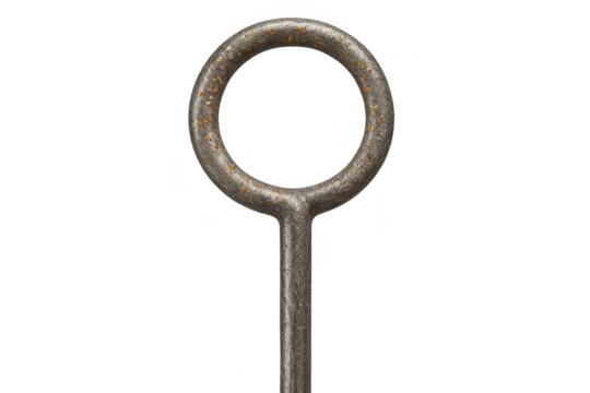 Old rusty metal ring with handle isolated on a transparent background, grunge