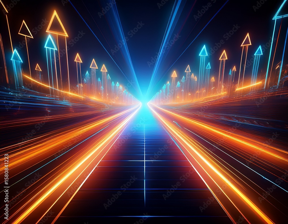 Poster a conceptual image depicting a road with glowing arrows symbolizing progress and direction in a digi