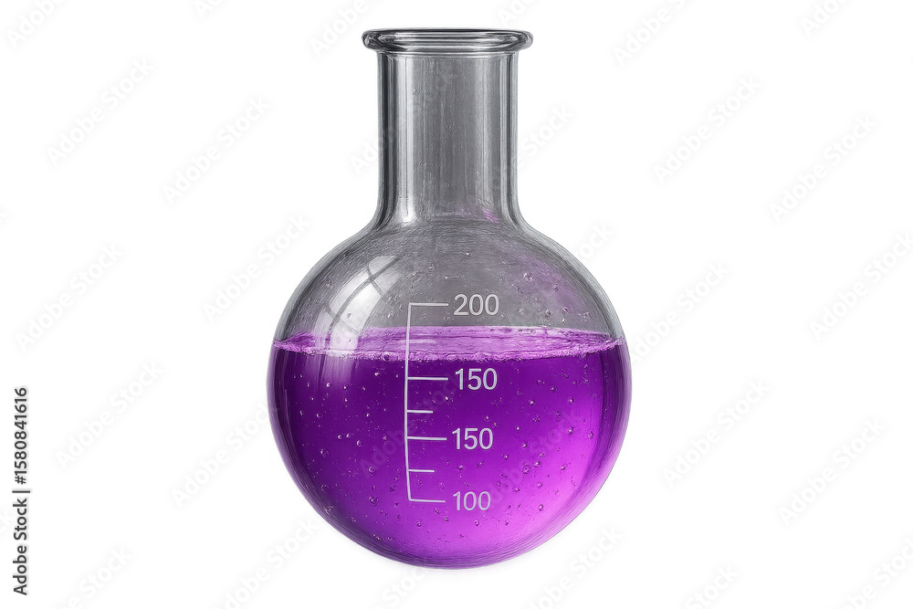 Poster glass round-bottom flask with purple liquid isolated on transparent background