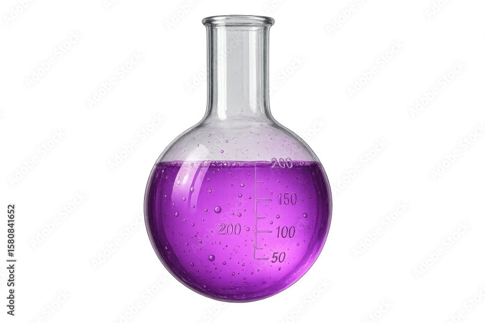 Poster round-bottom flask with purple solution, isolated on transparent background