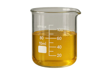 Laboratory beaker with yellow liquid, isolated on transparent background.