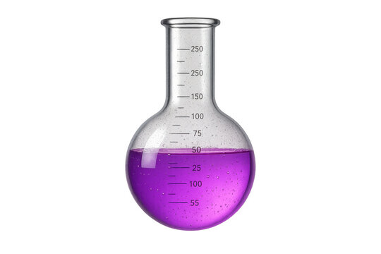 Scientific round bottom flask with purple liquid, isolated on a transparent background
