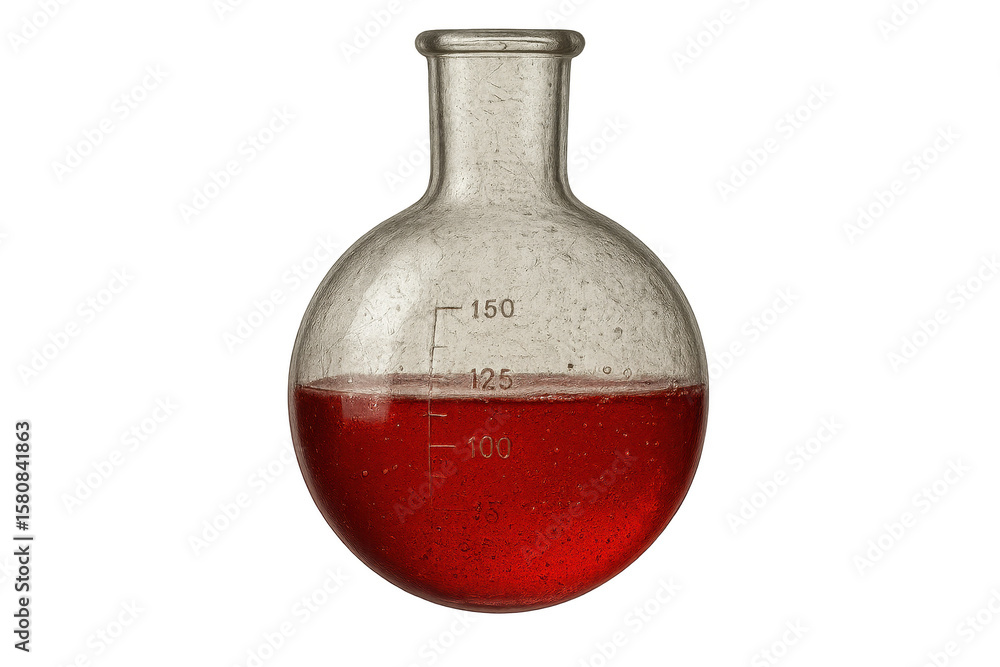 Poster laboratory round-bottom flask with red liquid isolated on transparent background
