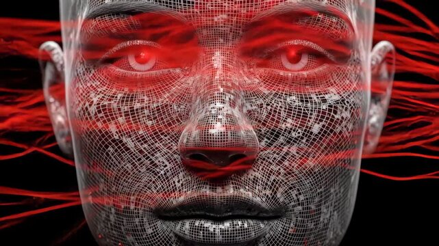 Wireframe Robot Face With Red Energy Lines