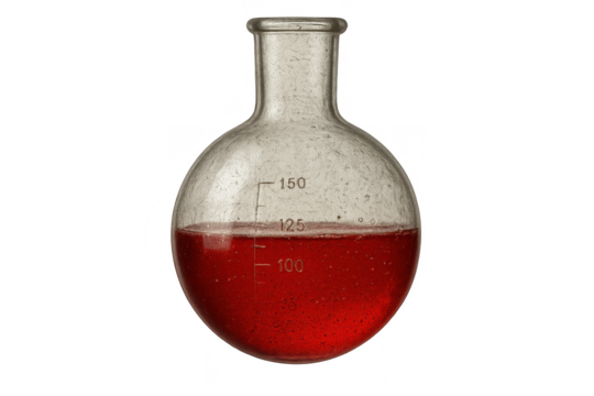 Laboratory round-bottom flask with red liquid isolated on transparent background - Powered by Adobe