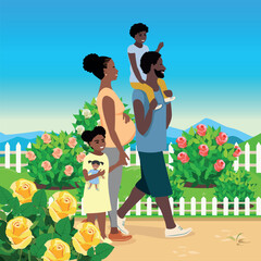 Happy family couple walking in the rose garden near the house with their children. Family day, loving parents, happy childhood. Vector illustration in a simple style.