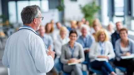 Experienced doctor addressing an eager audience in a spacious conference room showcasing innovative treatment methods while encouraging questions and audience participation.