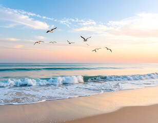 Calm ocean waves gently hitting a quiet shore under a pastel sky, distant seagulls flying, soft light reflections on water, peaceful and open composition