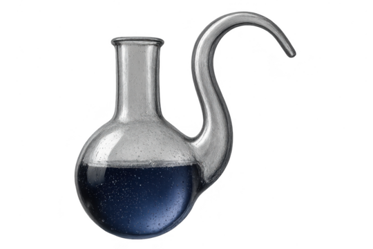 Chemical retort flask with blue liquid isolated on transparent background, science lab