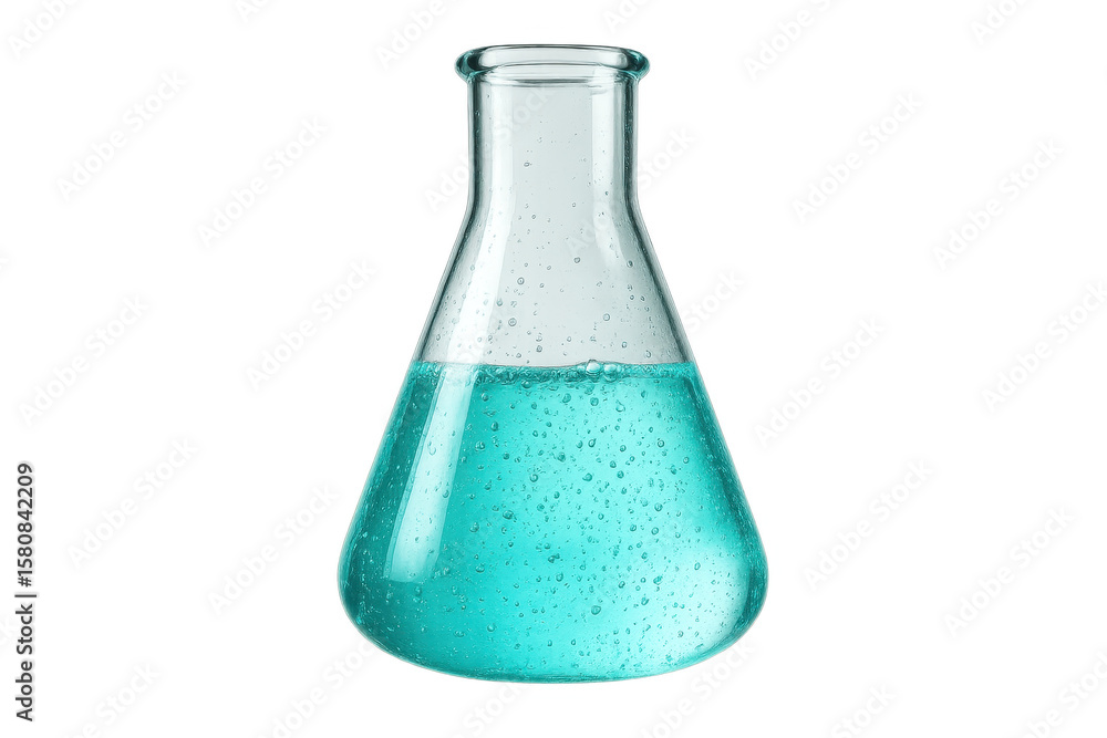 Poster erlenmeyer flask with bubbling turquoise liquid isolated on transparent background