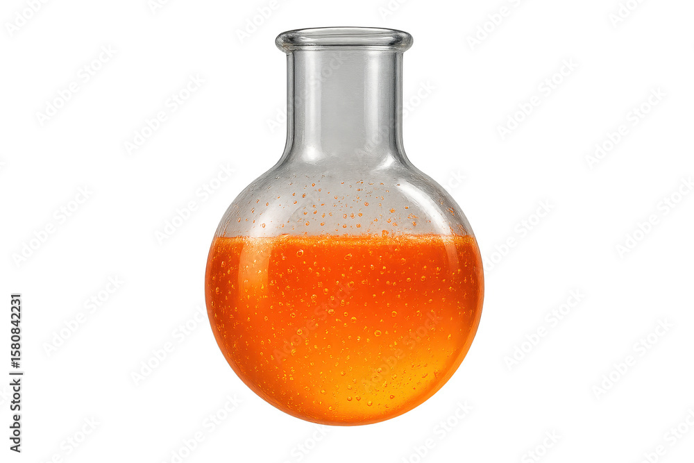 Poster round-bottom lab flask with vibrant orange liquid, isolated on transparent background.