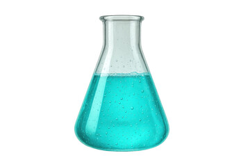 Transparent background: Erlenmeyer flask with blue liquid and bubbles.
