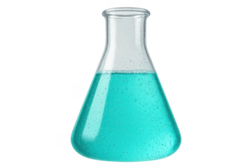 Science lab flask with vibrant blue liquid, isolated on transparent background